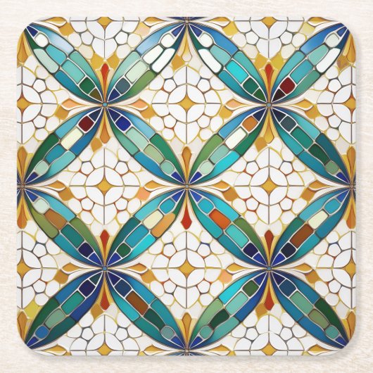 幾何学的モザイクタータイルパターン#5ティール(緑がかった色)白ID1078 スクエアペーパーコースター (正面)