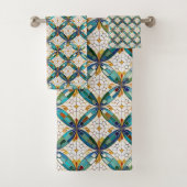 幾何学的モザイクタータイルパターン#5ティール(緑がかった色)白ID1078 バスタオルセット (インサイチュ)