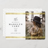 幾何学的モダンおよび金ゴールドストライプ写真の卒業 案内状 (正面/裏面)