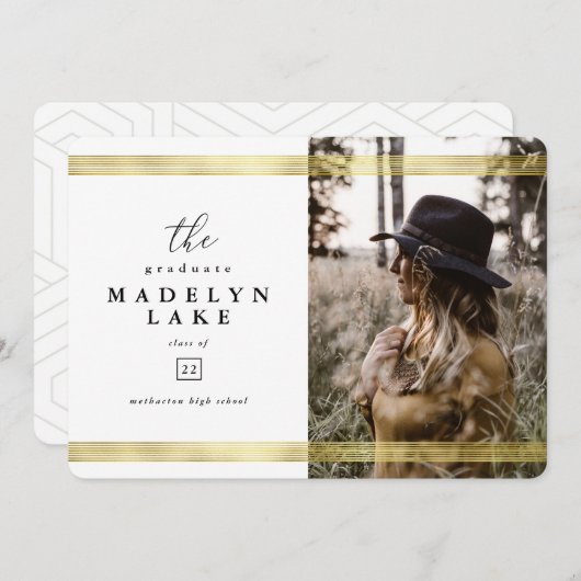幾何学的モダンおよび金ゴールドストライプ写真の卒業 案内状 (正面/裏面)