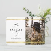 幾何学的モダンおよび金ゴールドストライプ写真の卒業 案内状 (スタンド正面)