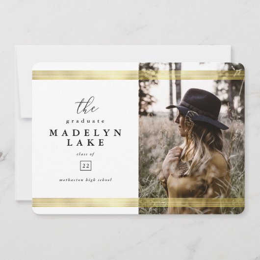 幾何学的モダンおよび金ゴールドストライプ写真の卒業 案内状 (正面)