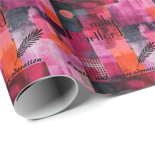 幾何学的モダンなピンクと黒の贈り物パーソナライズされた ラッピングペーパー (ロールコーナー)