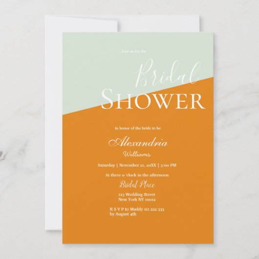 幾何学的モダンオレンジのミントグリーンブライダルシャワー 招待状 (正面)