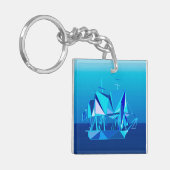 幾何学的モダンクリッパー船、コバルトブルー キーホルダー (正面左)