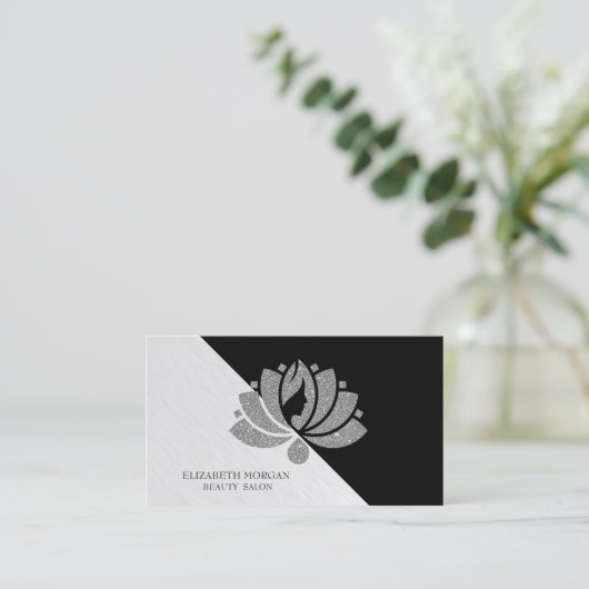 幾何学的モダンシルバーエレガントグリッターロータス 名刺 (スタンド正面)