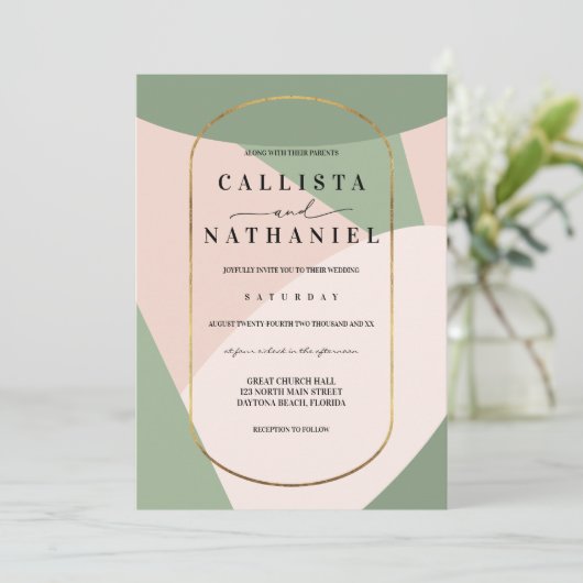 幾何学的モダンセージ緑ほこりっぽいピンク結婚ズ 招待状 (スタンド正面)