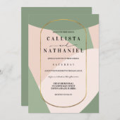 幾何学的モダンセージ緑ほこりっぽいピンク結婚ズ 招待状 (正面/裏面)