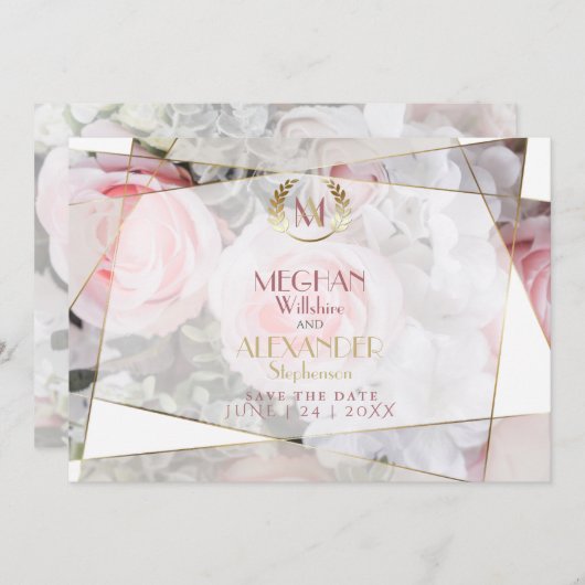 幾何学的モダンピンクローズウェディング日付を保存 セーブザデート (正面/裏面)