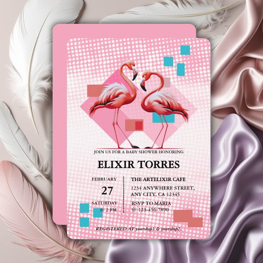 幾何学的モダンフラミンゴ赤ちゃんシャワー 招待状