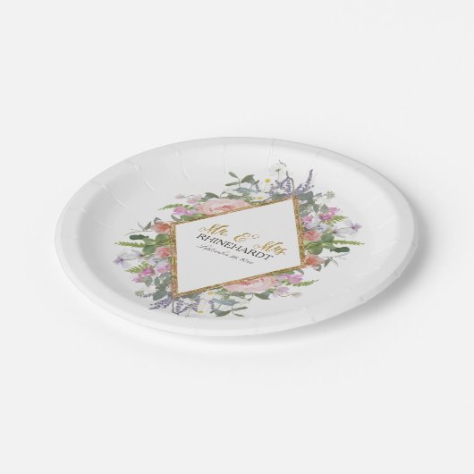 幾何学的モダンフローラブライダルシャワーバラ金ゴールド ペーパープレート (アングル)