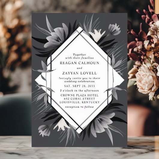 幾何学的モダンフローラモノクロエレガントな結婚式 招待状