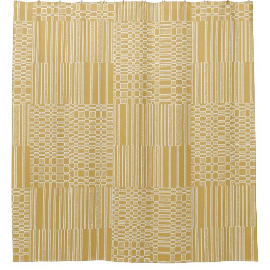 幾何学的モダン正方形とバーマスタードイエローグレー シャワーカーテン (正面)