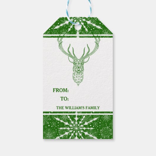 幾何学的モダン白と緑のクリスマスディアー ギフトタグ (裏面)