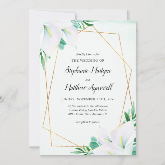 幾何学的モダン白カラリリーフローラ結婚ズ 招待状 (正面)