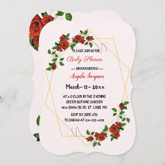 幾何学的モダン赤フローラグリッターベビーシャワー 招待状 (正面/裏面)