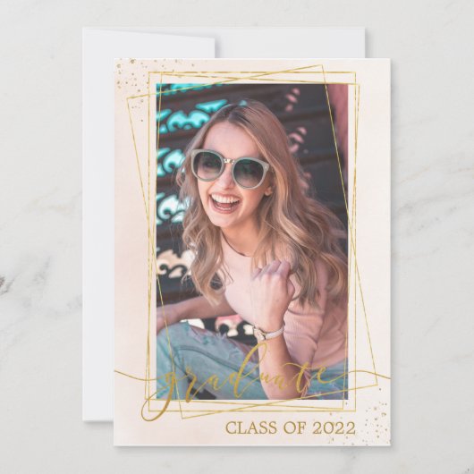 幾何学的モダン赤面ピンク金ゴールド卒業写真 案内状 (正面)