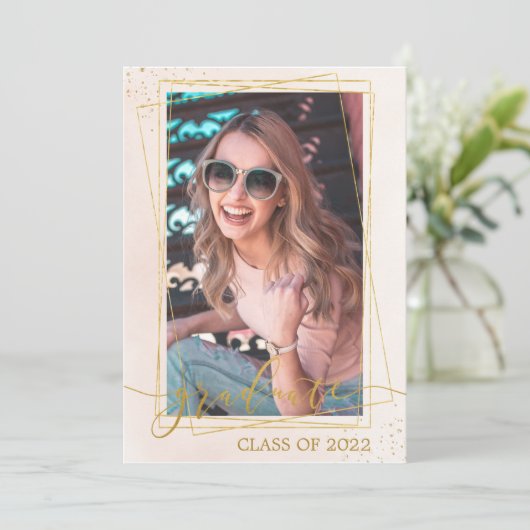 幾何学的モダン赤面ピンク金ゴールド卒業写真 案内状 (スタンド正面)