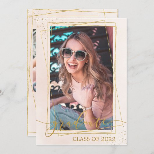 幾何学的モダン赤面ピンク金ゴールド卒業写真 案内状 (正面/裏面)