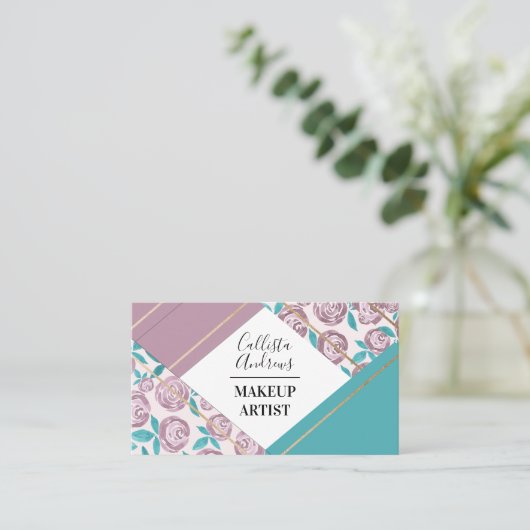 幾何学的モダン金ゴールドほこりっぽいピンク色の花水色 名刺 (スタンド正面)