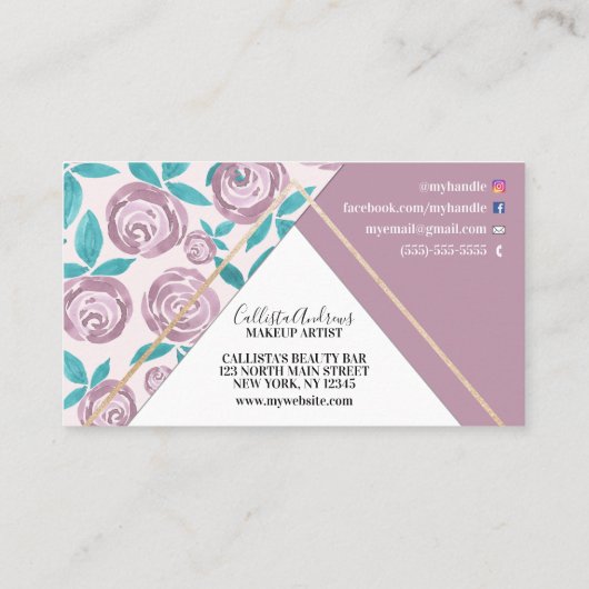 幾何学的モダン金ゴールドほこりっぽいピンク色の花水色 名刺 (裏面)