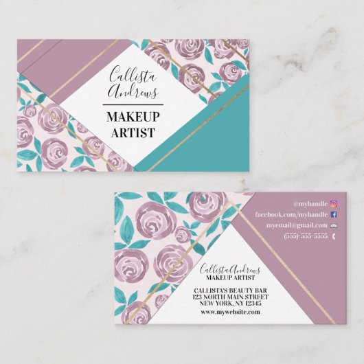 幾何学的モダン金ゴールドほこりっぽいピンク色の花水色 名刺 (正面/裏面)