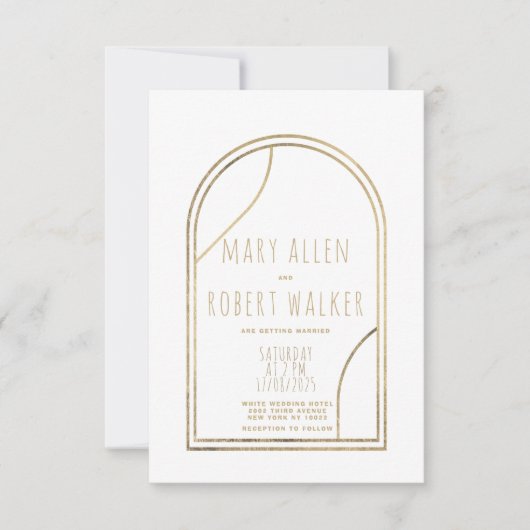 幾何学的モダン金ゴールドアーチ白結婚級数 招待状 (正面)