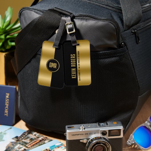 幾何学的モダン金ゴールド&ブラックストライプモノグラム2 ラゲッジタグ (正面&裏面)