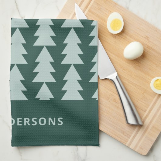 幾何学的モダン青クリスマスツリーのグラフィック キッチンタオル (四つ折り)