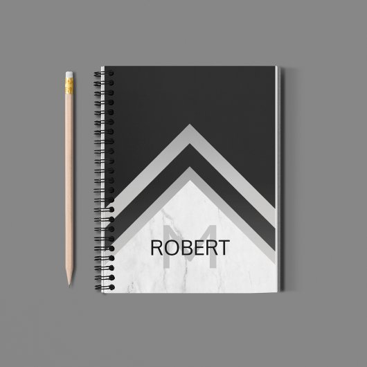 幾何学的モノグラムのシボロンブラックシルバー大理石 ノートブック
