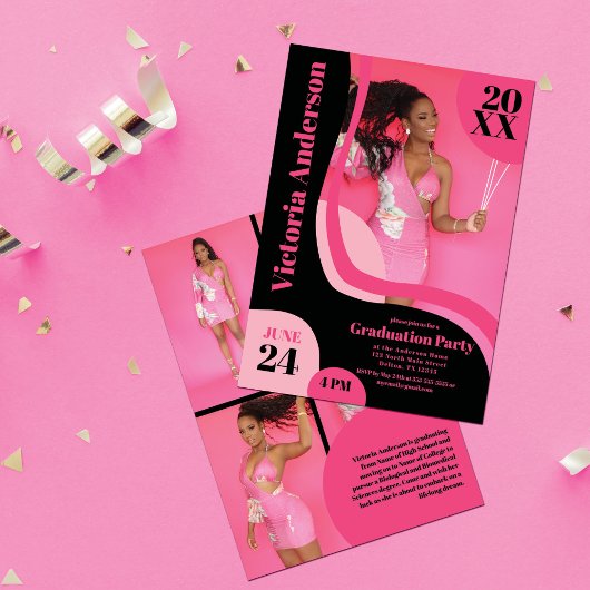 幾何学的ユニークピンクブラック4枚の写真卒業 招待状