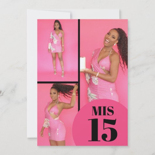 幾何学的ユニークピンクブラック4枚フォトキンチェニェラ 招待状 (裏面)