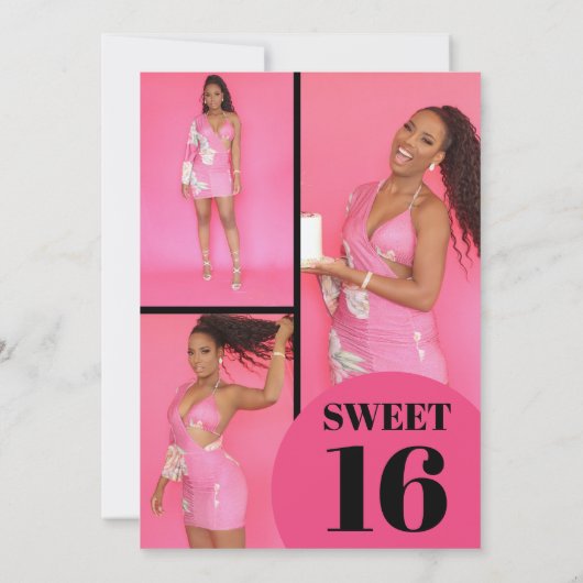 幾何学的ユニークピンクブラック4枚フォトスイート16 招待状 (裏面)