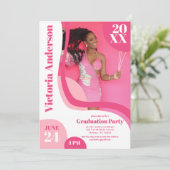 幾何学的ユニークピンク白4枚の写真卒業 招待状 (スタンド正面)