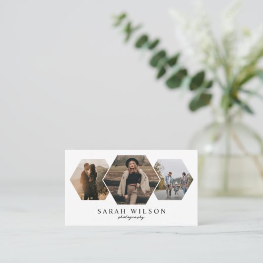 幾何学的ユニーク六角3枚フォトグラファー 名刺 (スタンド正面)