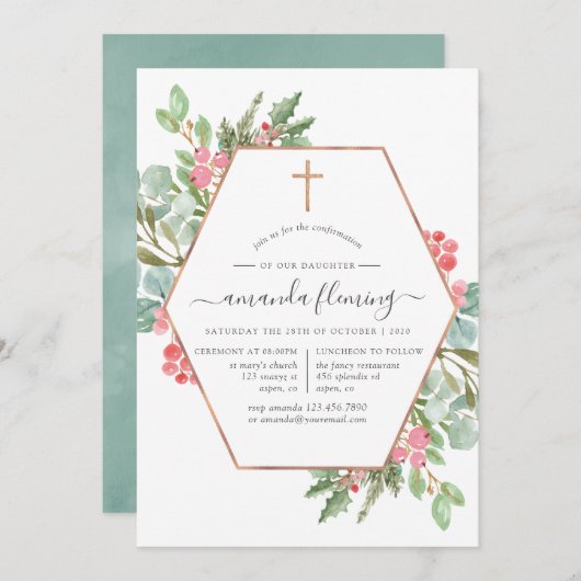 幾何学的ユーカリのクリスマスの確認 招待状 (正面/裏面)