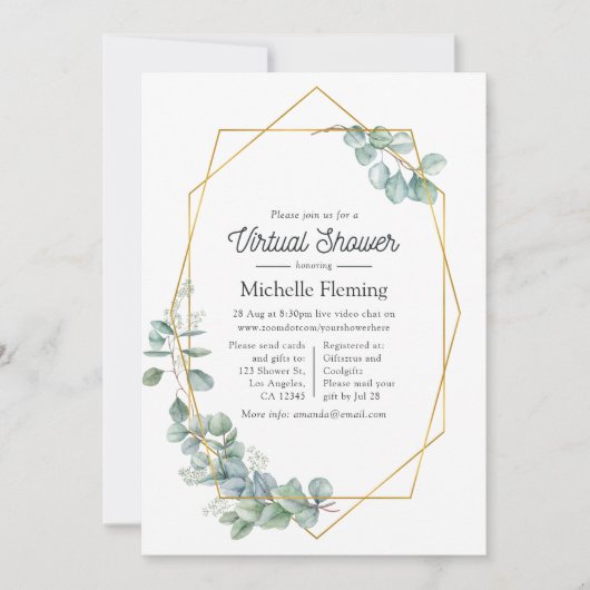 幾何学的ユーカリ仮想ベビーシャワー 招待状 (正面)