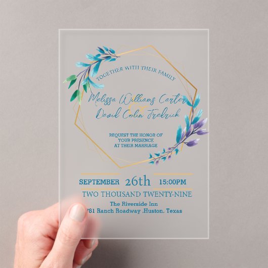 幾何学的ユーカリ植物緑結婚園 アクリル招待状 (インサイチュ (ポータブル))