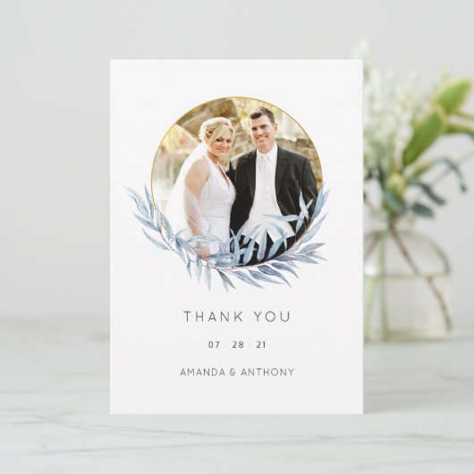 幾何学的ユーカリ結婚プスの写真コラージュ サンキューカード (スタンド正面)