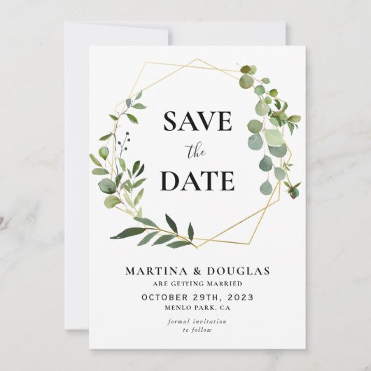 幾何学的ユーカリ結婚式の日付カードを保存 招待状 (正面)