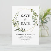 幾何学的ユーカリ結婚式の日付カードを保存 招待状 (スタンド正面)