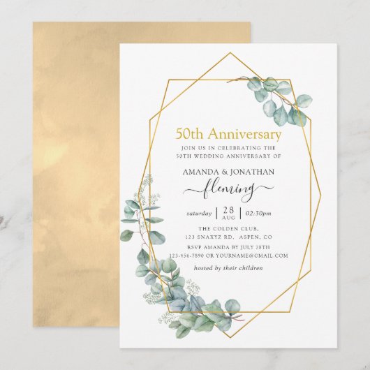 幾何学的ユーカリ結婚50周年 招待状 (正面/裏面)