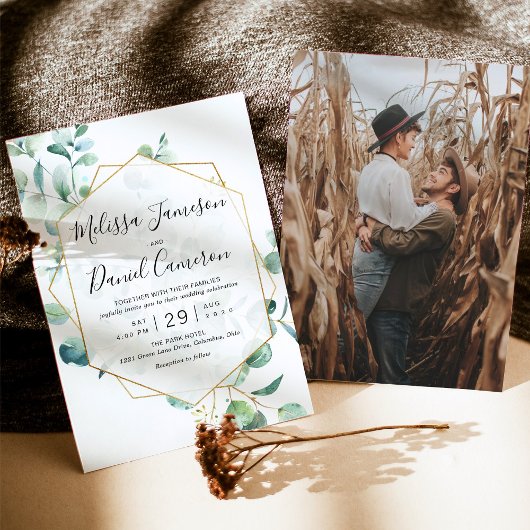 幾何学的ユーカリ緑と写真 招待状
