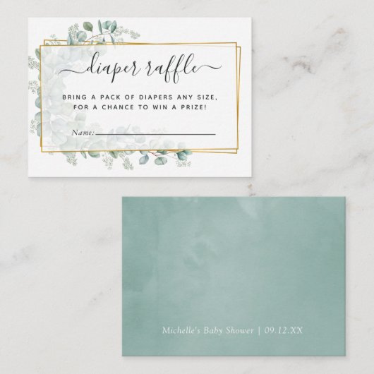 幾何学的ユーカリ赤ちゃんシャワーおむつラッフル エンクロージャーカード (正面/裏面)