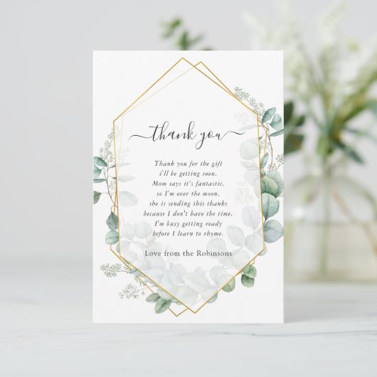 幾何学的ユーカリ赤ちゃんシャワー サンキューカード (スタンド正面)