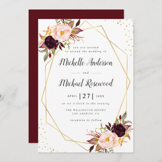 幾何学的リースブルゴーニュ赤面結婚フローラ 招待状 (正面/裏面)