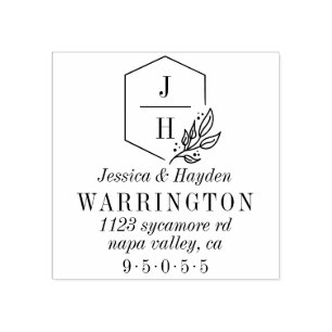 幾何学的リーフモノグラムフレーム  の結婚住所 ラバースタンプ