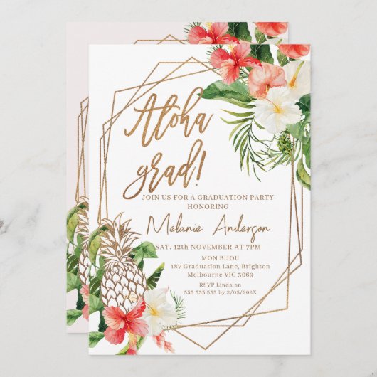 幾何学的レッドフローラアロハグラード卒業 招待状 (正面/裏面)