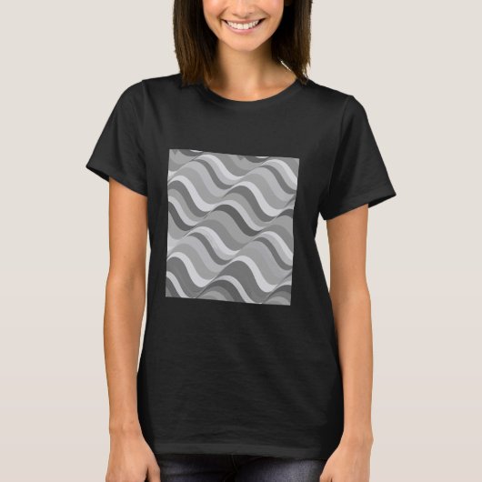 幾何学的レトロストライプ波の灰色 – 白色光学 Tシャツ (正面)
