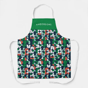 幾何学的レトロブルー赤モダン緑クリスマスAp エプロン